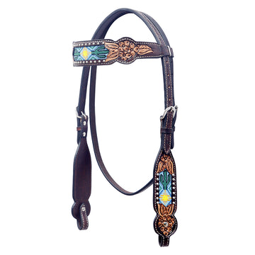 BAR H EQUINE Western Horse Floral Hand Painted Genuine Leather Beaded Inlay Headstall Dark Brown